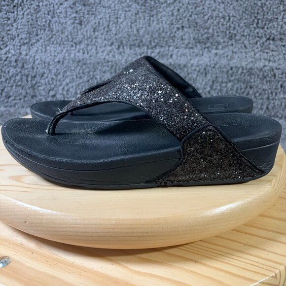 FitFlop LuLu Glitter Wedge Sandals Women Size 9 Black Thong Slip On Comfort Shoe - Picture 1 of 7